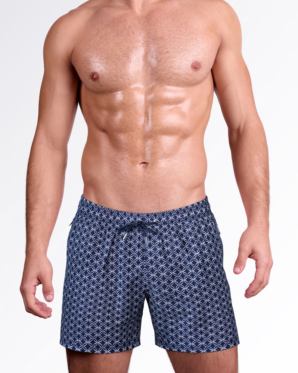Mono Waves Blue Resort Shorts by DC2 Miami featuring an all-over geometric wave print in navy and white with an adjustable drawstring waist.