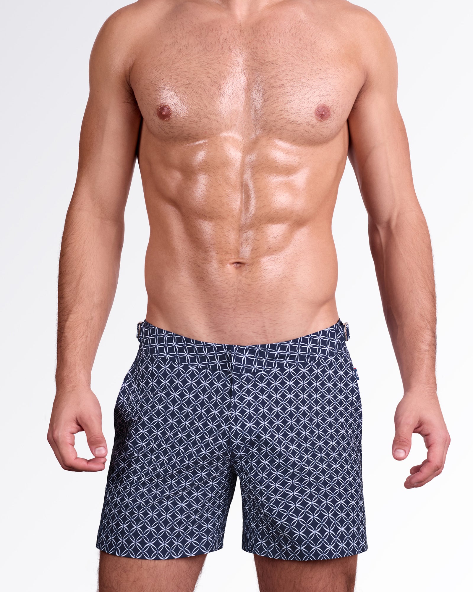 DC2 Miami Mono Waves Tailored Shorts — front view of blue tailored shorts with an allover geometric wave print and clean, structured fit.