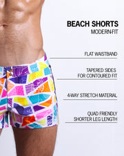 Infographic displaying the contemporary fit of BANG! Clothes' Beach Shorts. These shorts feature a flat waistband, contoured tapered sides, 4-way stretch material, and a shorter leg length designed to provide a comfortable and stylish fit, particularly accommodating for the quads.