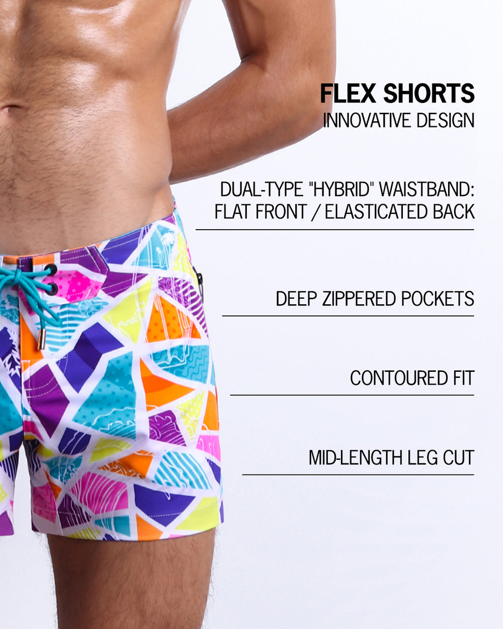 Infographic explaining the innovative design of the FLEX SHORTS. They're dual-type "hybrid" waistband, deep zippered pockets, contoured fit and mid-length leg cut by BANG! Clothes based in Miami.