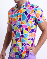 Side view of the MOSAIC Hawaiian-inspired Stretch Shirt for men features a crystal colorful mixed shapes design by BANG! Clothes in Miami.