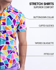 An infographic explaining the features of the men’s sleeveless Hawaiian Stretch Shirt. The shirt offers superior comfort, a fitted cut, tapered silhouette, cuffed sleeves, and a button-down collar.
