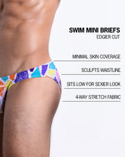 Infographic explaining the features of the MOSAIC Swim Mini-Brief made by BANG! Clothes. These edgier cut mens swimsuit are minimal skin coverage, sculpts waistline, sits low for sexier look, and 4-way stretch fabric.