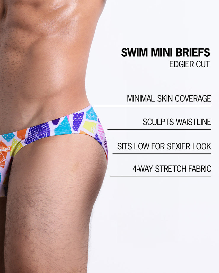 Infographic explaining the features of the MOSAIC Swim Mini-Brief made by BANG! Clothes. These edgier cut mens swimsuit are minimal skin coverage, sculpts waistline, sits low for sexier look, and 4-way stretch fabric.
