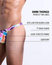 Infographic explaining the many features of the BANG! Clothes Swim Thongs. These Summer speedo fit men's swimsuit is perfect tanning, they sit low for sexier look, "T" back shape, 4-way stretch fabric, and are quick-dry.