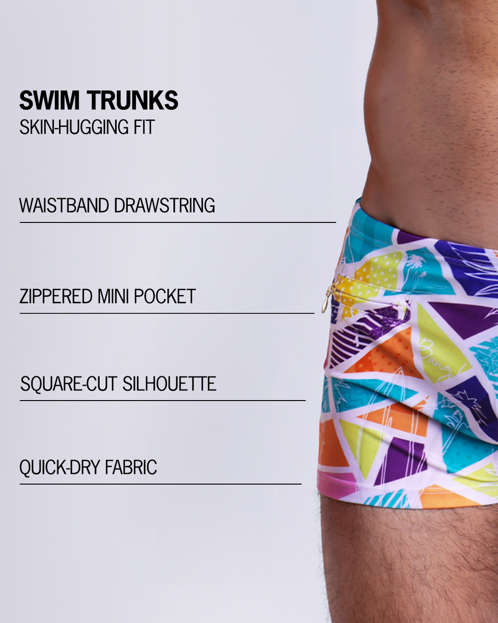 Infographic explaining the Swim Trunks swimming shorts by BANG! These Swim Trunks have a skin-hugging fit, have separate waistband construction, zippered mini pocket, square-cut form-fitting silhouette and quick-dry fabric.