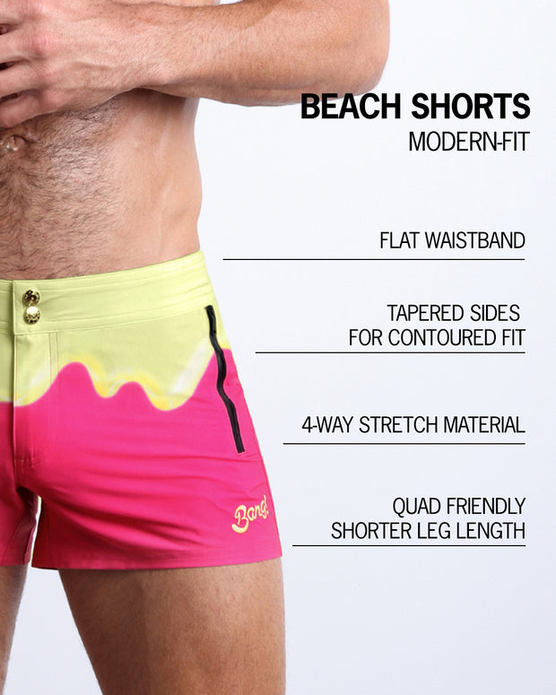 Infographic explaining the many features of these modern fit MY MILKSHAKE Beach Shorts by BANG! Clothes. These swimming shorts have a flat waistband, tapered sides for a contoured fit, 4-way stretch material, and quad-friendly leg length. 