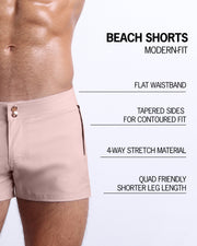 Infographic displaying the contemporary fit of BANG! Clothes' Beach Shorts. These shorts feature a flat waistband, contoured tapered sides, 4-way stretch material, and a shorter leg length designed to provide a comfortable and stylish fit, particularly accommodating for the quads."