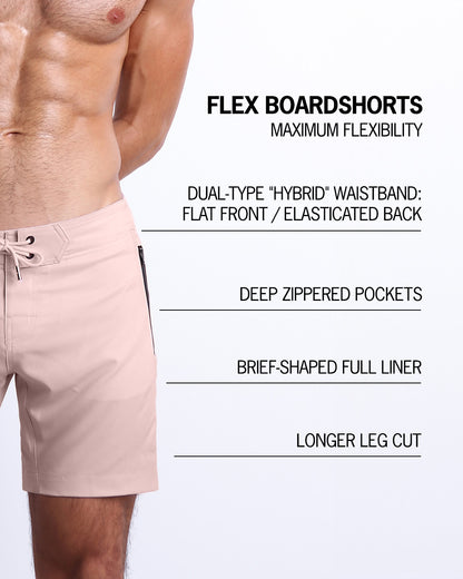 Infographic explaining all the features on the BANG! Clothes Flex Boardshorts. They have deep zippered pockets, brief-shaped full liner, longer leg cut, and a dual-type "hybrid" waistband.