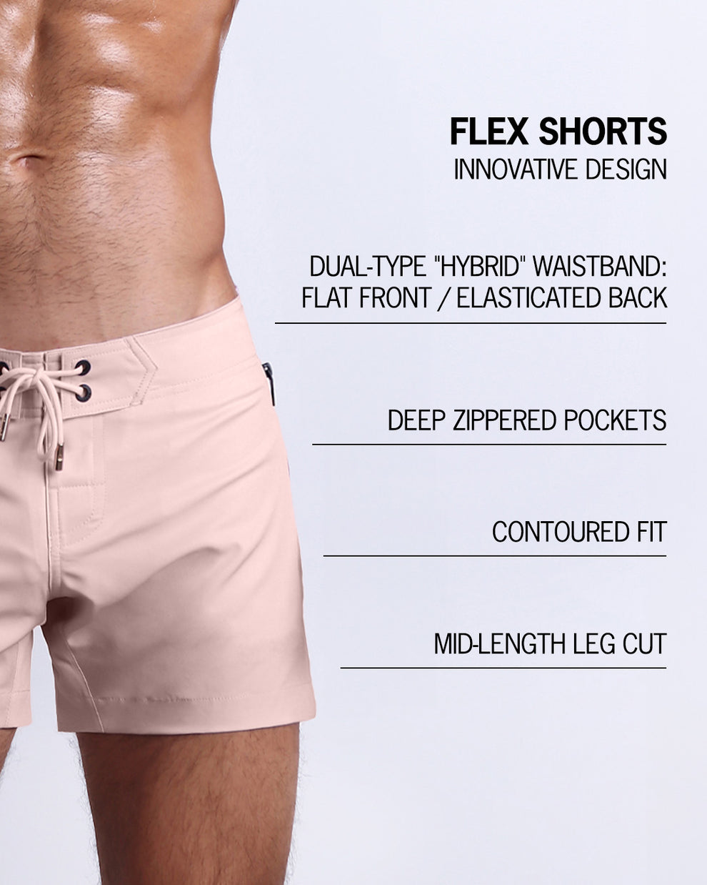 Infographic explaining the innovative design of the FLEX SHORTS. They're dual-type "hybrid" waistband, deep zippered pockets, contoured fit and mid-length leg cut by BANG! Clothes based in Miami.