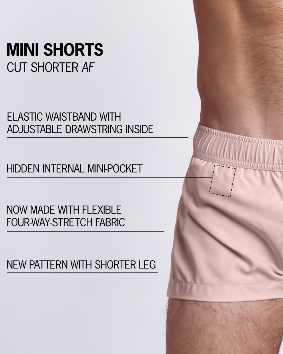 Infographic explaining the many features of Bang!'s Mini Shorts. These MINI SHORTS have elastic waistband with adjustable drawstring inside, hidden internal mini-pocket, 4-way stretch fabric, and are quad friendly with shorter leg length. 