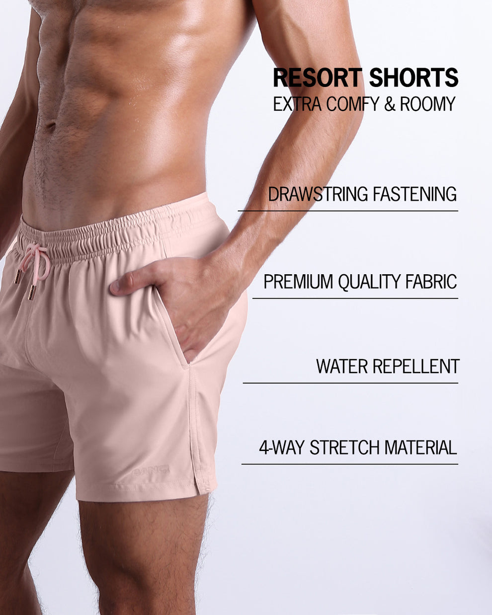 Infographic explaining how extra comfy and roomy Resort Shorts. They have drawstring fastening, quality fabric, quick-dry, 4-way stretch material features of the resort shorts. 