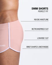 Infographics explaining how perfect the BANG! Clothes Swim Shorts in NAKED PINK are. They have a no-dig waistline, retro-inspired cut, low-rise cut, and have a brief-shaped liner inside.