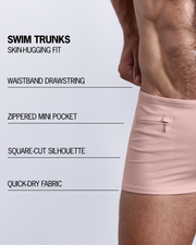 Infographic explaining the Swim Trunks swimming shorts by BANG! These Swim Trunks have a skin-hugging fit, have a waistband drawstring, zippered mini pocket, square-cut silhouette and quick-dry fabric.