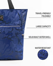 Infographic highlighting the key features of the NAVY BLUE CAMO Poolside Tote Bag by DC2 Miami. The image showcases the bag's blue camouflage design and points out its travel-friendly foldable nature, large capacity, solid-built outer shell, and water-resistant material. A close-up of water droplets on the fabric illustrates the water resistance of the bag.