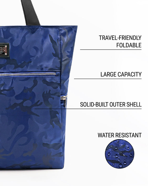 Infographic highlighting the key features of the NAVY BLUE CAMO Poolside Tote Bag by DC2 Miami. The image showcases the bag&