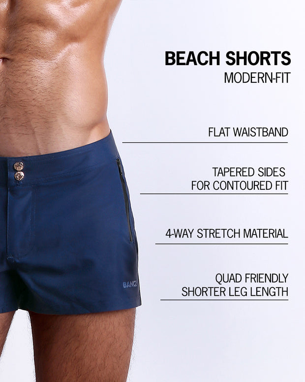 Infographic displaying the contemporary fit of BANG! Clothes Beach Shorts. These shorts feature a flat waistband, contoured tapered sides, 4-way stretch material, and a shorter leg length designed to provide a comfortable and stylish fit, particularly accommodating for the quads."