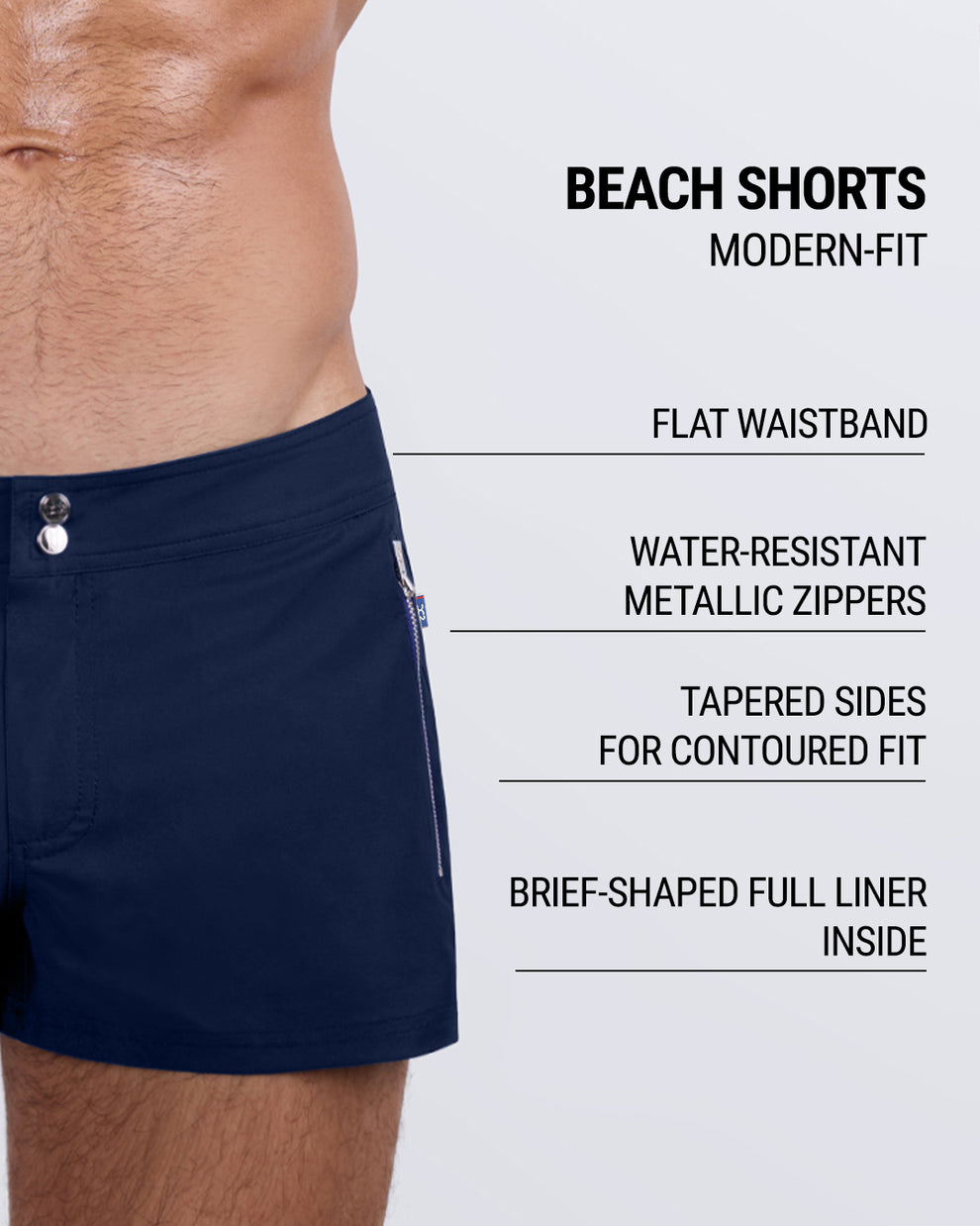 Close-up side view of a male model wearing the NAVY BOOMER Beach Shorts for men by DC2 Miami in a deep navy blue color. These modern-fit swim shorts feature a sleek flat waistband, water-resistant metallic zippers, and tapered sides for a contoured fit. Designed with a brief-shaped full liner for added support, these premium beach shorts blend style, comfort, and functionality for the ultimate swimwear experience.