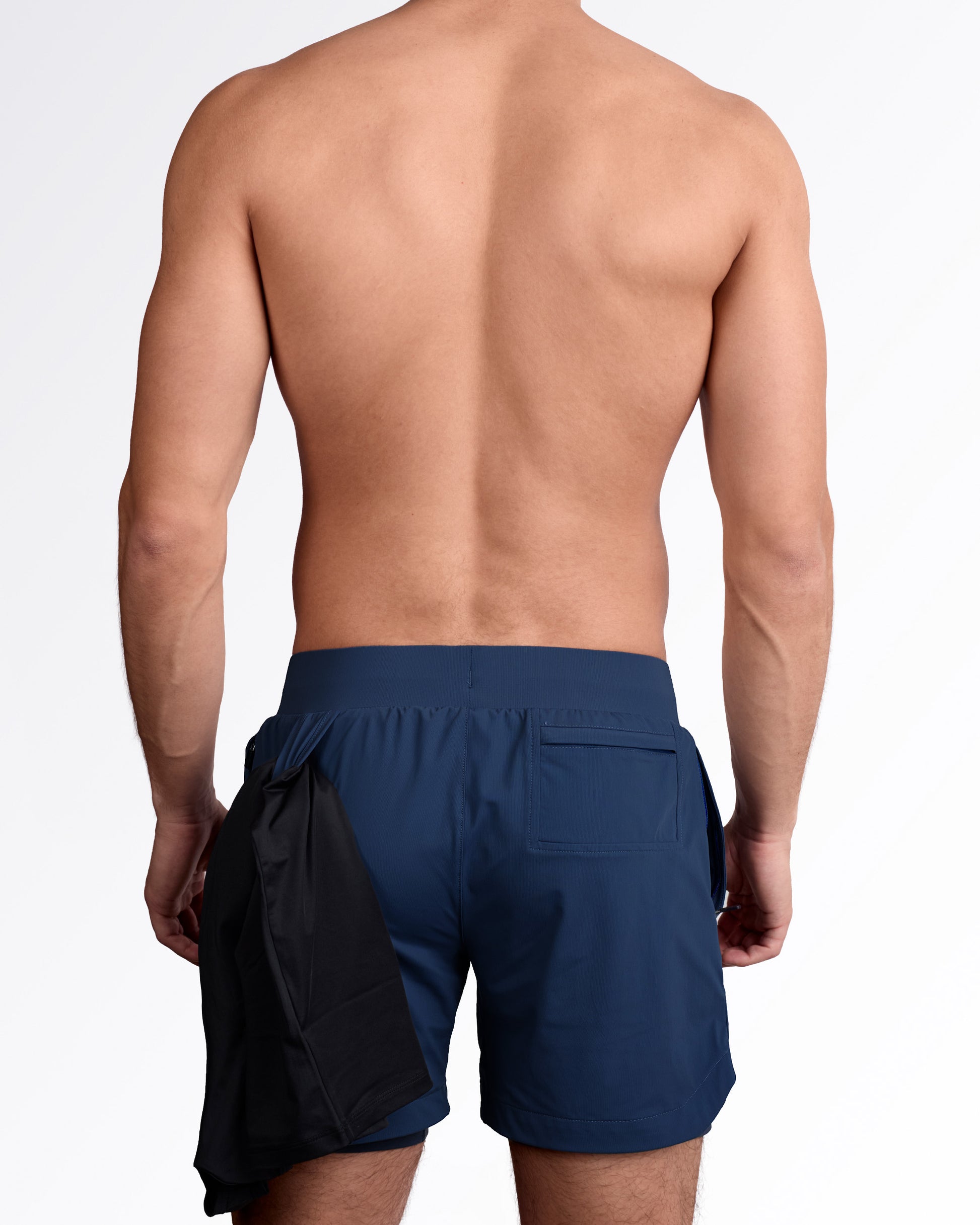 Back side of men's lined gym workout shorts in navy blue color from DC2 Miami fitness menswear.