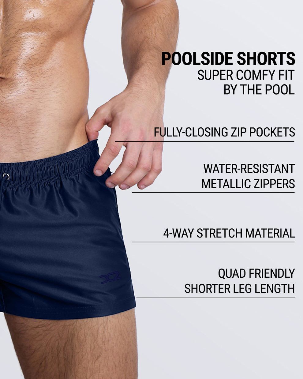 Navy Boomer DC2 Poolside Shorts—highlighting zip pockets, 4-way stretch, and shorter sporty leg cut.