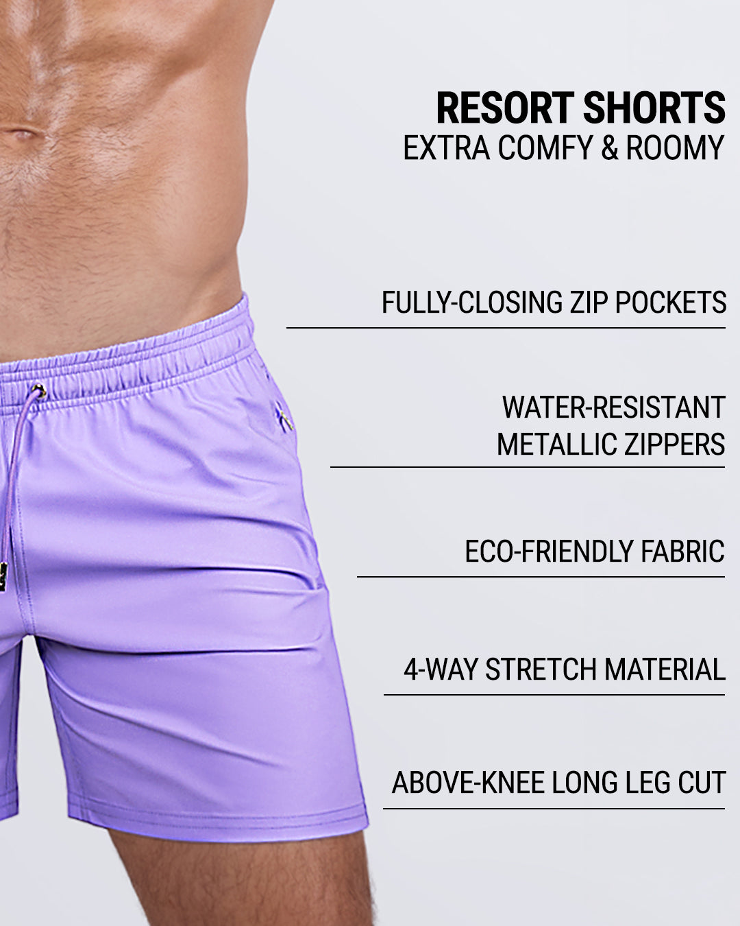 Close-up side view of a male model wearing DC2’s NEO VIOLET Resort Shorts, highlighting their premium features. These men's swim shorts offer a roomy fit, fully-closing zip pockets, water-resistant metallic zippers, and a water-repellent fabric. Made with 4-way stretch material, they provide ultimate comfort and flexibility. Designed by DC2, a Miami-based brand known for high-quality men's beachwear.