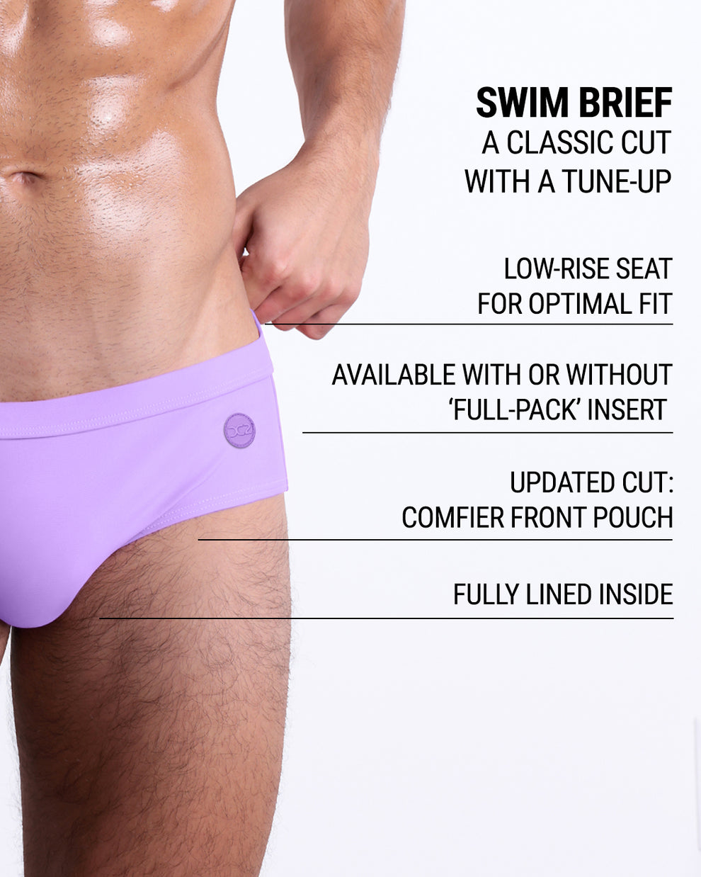 Product details graphic of DC2 Neo Violet Swim Brief — showcasing updated pouch, low-rise seat, lining, and optional Full-Pack insert.