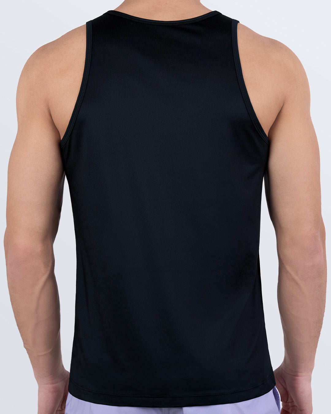Back view of DC2 NEUTRON BLACK workout tank top for men, showcasing lightweight stretch fabric and sweat-wicking technology.