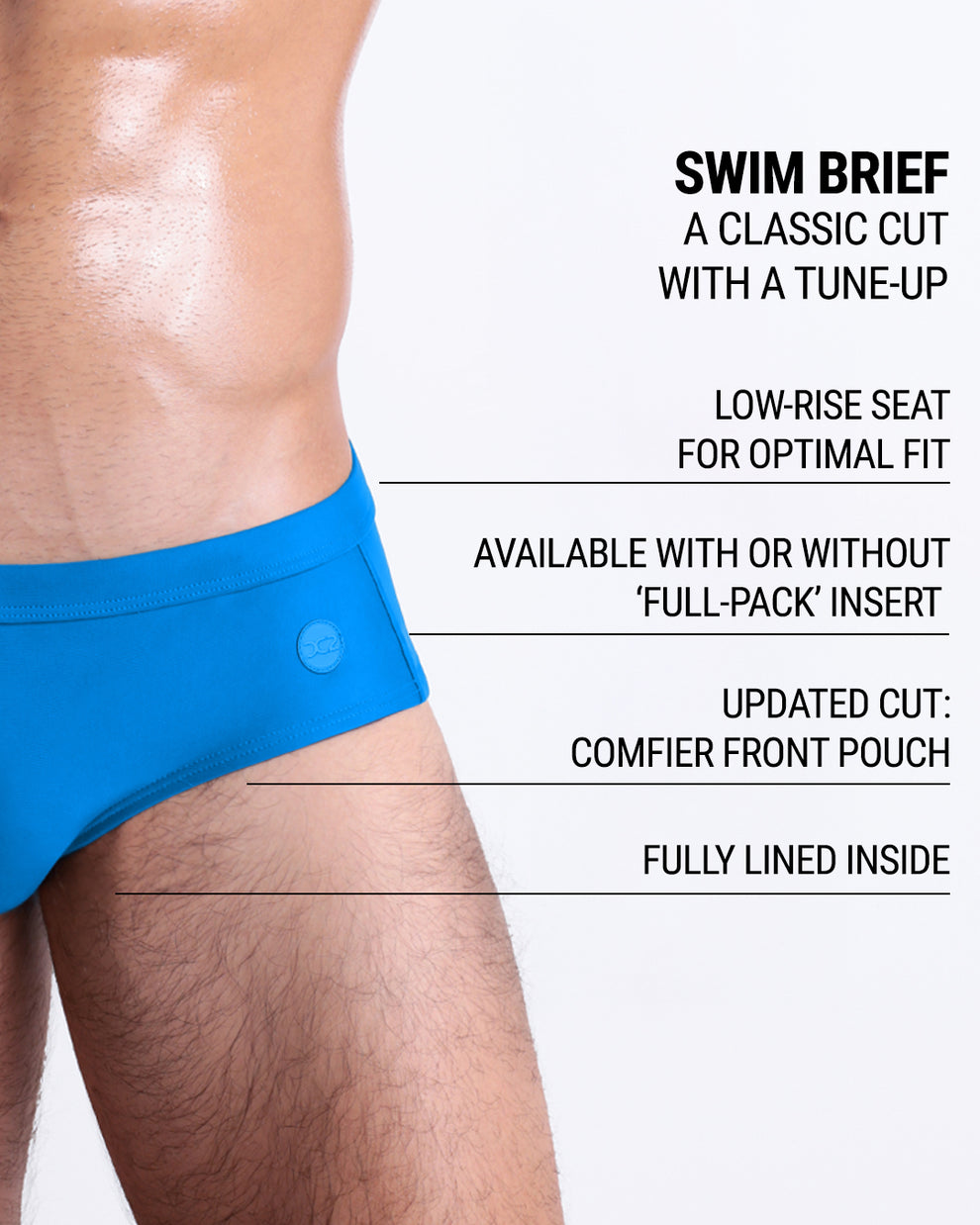 DC2 New Wave Blue Swim Brief — product graphic highlighting low-rise seat, updated front pouch, full lining, and optional ‘Full-Pack’ insert.