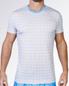 Ocean Drive Check Cotton Graphic T-Shirt by DC2 Miami featuring a pastel blue, pink and yellow check pattern with a sky-blue crew neckline.