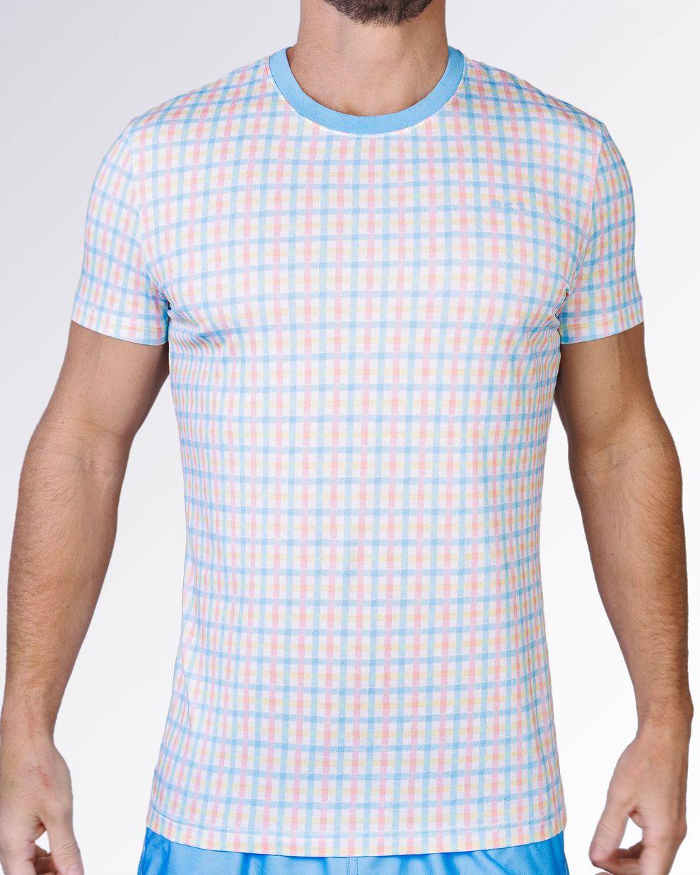 Ocean Drive Check Cotton Graphic T-Shirt by DC2 Miami featuring a pastel blue, pink and yellow check pattern with a sky-blue crew neckline.
