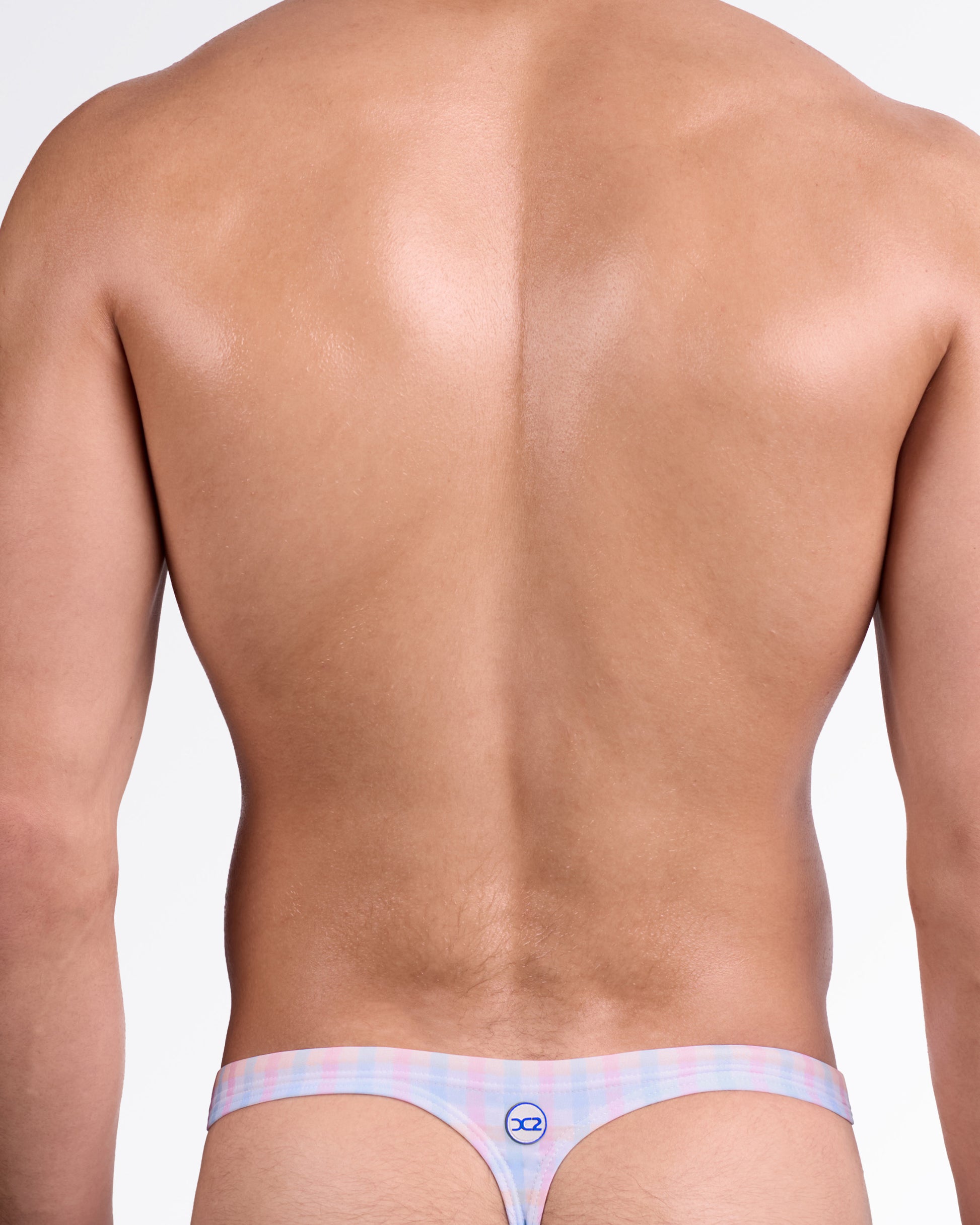 DC2 Ocean Drive Check Swim Thong — back view showing minimal thong cut, slim waistband, and subtle DC2 logo detail at center back.