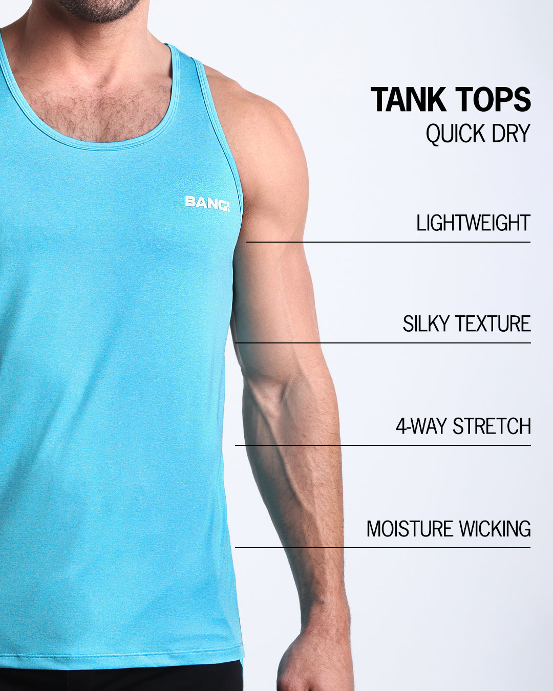 BANG! Miami Olympic Blue Tank Top — model wearing fitted tank in Olympic blue, highlighting quick-dry, lightweight fabric with silky texture, 4-way stretch, and moisture-wicking performance.