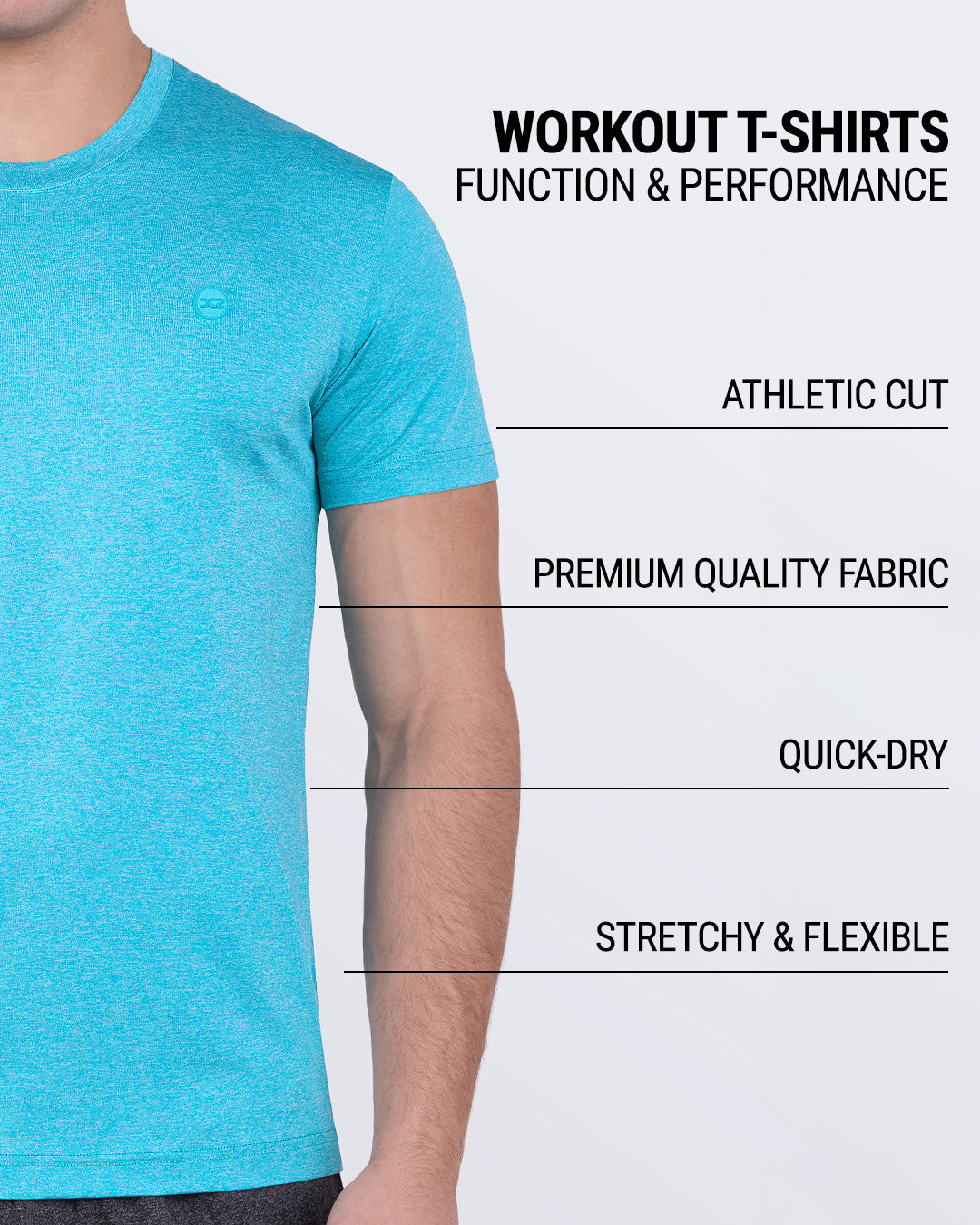 DC2 Olympic Blue Fitness T-shirt — graphic callouts display key features: athletic cut, premium fabric, quick-dry technology, stretchy & flexible construction.