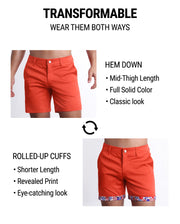 ORANGE FLOW Street shorts by DC2 are tranformable. You're able to wear wear them 2 ways: Hem down or rolled-up cuffs. Hem down have a mid-thigh length, full solid color, and provide a classic chino shorts look. Rolled-up cuffs provide a shorter length, provide a fun print and eye-catching look.
