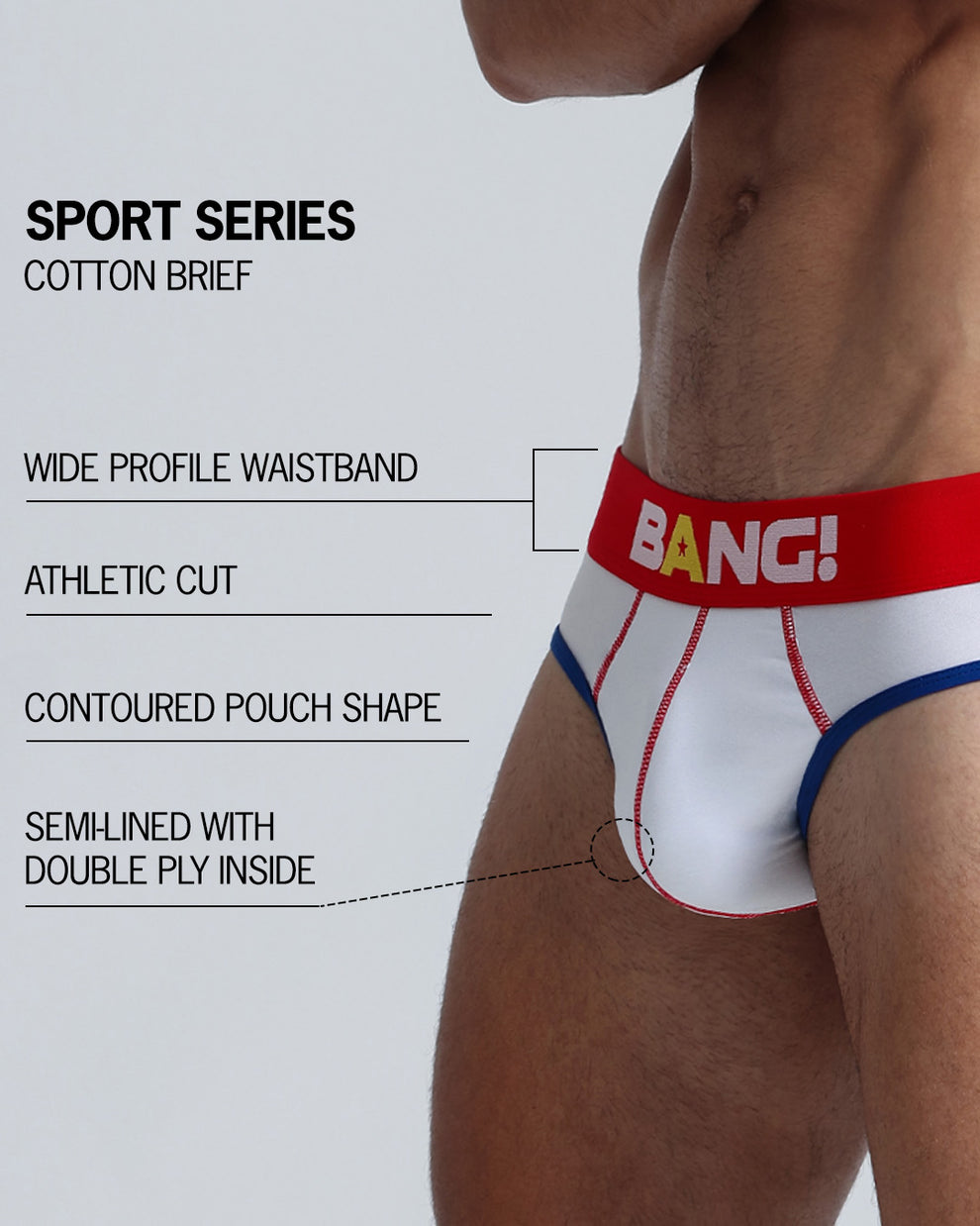 An infographic displays the premium quality of the Cotton Brief Sport Series. It features a wide profile waistband, athletic cut, contoured pouch shape, and semi-lined with double ply inside.