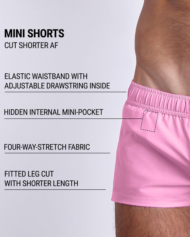 Infographic explaining the many features of the PADAM PINK Mini Shorts. These MINI SHORTS have elastic waistband with adjustable drawstring inside, hidden internal mini-pocket, 4-way stretch fabric, and are quad friendly with shorter leg length. 