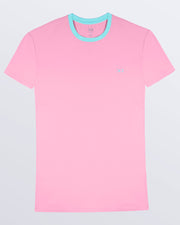 The men's premium solid light pink PADAM PINK Pima cotton t-shirt with a contrasting light aqua collar and embroidered DC2 logo. Perfect for a modern casual look, this streetwear tee is part of the DC2 Miami men's beachwear collection, designed for comfort and style.