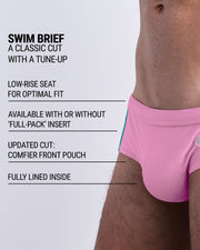 Infographic explaining the classic cut with a tune-up PADAM PINK Swim Brief by DC2. These men swimsuit is low-rise seat for optimal fit, available with or without 'Full-Pack' insert, comfier front pouch, and fully lined inside.