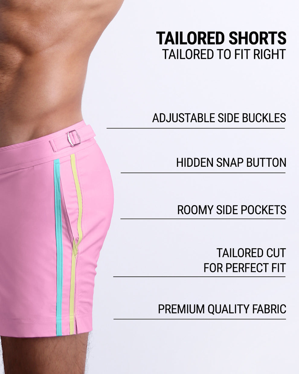 DC2’s Tailored Shorts are designed to fit every body form. They are equipped with adjustable side buckles, a hidden snap button, roomy side pockets, and made of premium quality fabric.