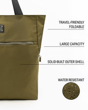 Infographic highlighting the key features of the PALM GREEN Poolside Tote Bag by DC2 Miami. The image showcases the bag's solid green color and points out its travel-friendly foldable nature, large capacity, solid-built outer shell, and water-resistant material. A close-up of water droplets on the fabric illustrates the water resistance of the bag.