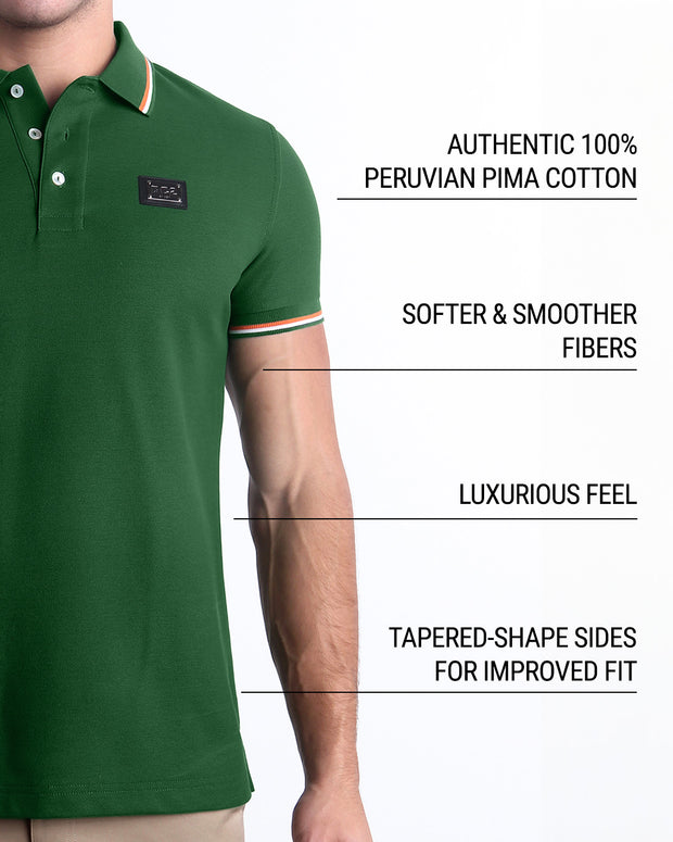 Infographic explaining that DC2 Polo Shirts are crafted from authentic 100% Peruvian Pima Cotton, featuring softer and smoother fibers, a luxurious feel, and tapered sides for an improved fit.