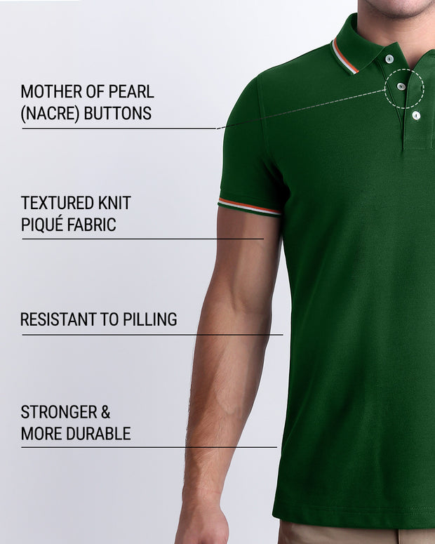 An infographic explaining that DC2 Polo Shirts feature mother of pearl (nacre) buttons, textured knit pique fabric, resistance to pilling, and enhanced strength and durability.