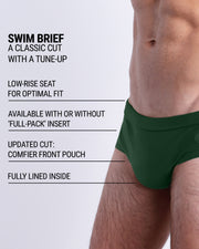 Infographic explaining the classic cut with a tune-up PALM GREEN Swim Brief by DC2. These men swimsuit is low-rise seat for optimal fit, available with or without 'Full-Pack' insert, comfier front pouch, and fully lined inside.