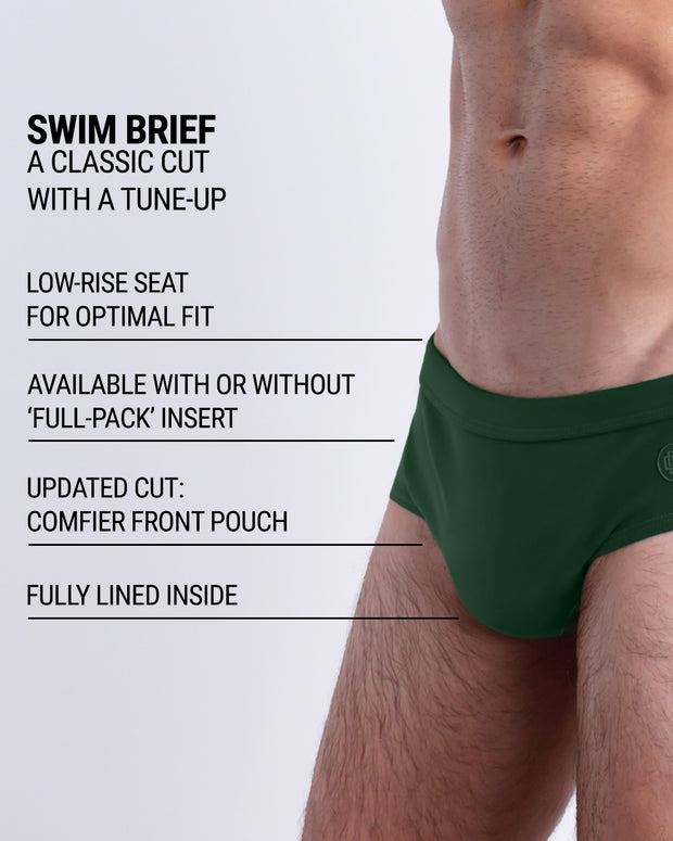 Infographic explaining the classic cut with a tune-up PALM GREEN Swim Brief by DC2. These men swimsuit is low-rise seat for optimal fit, available with or without &