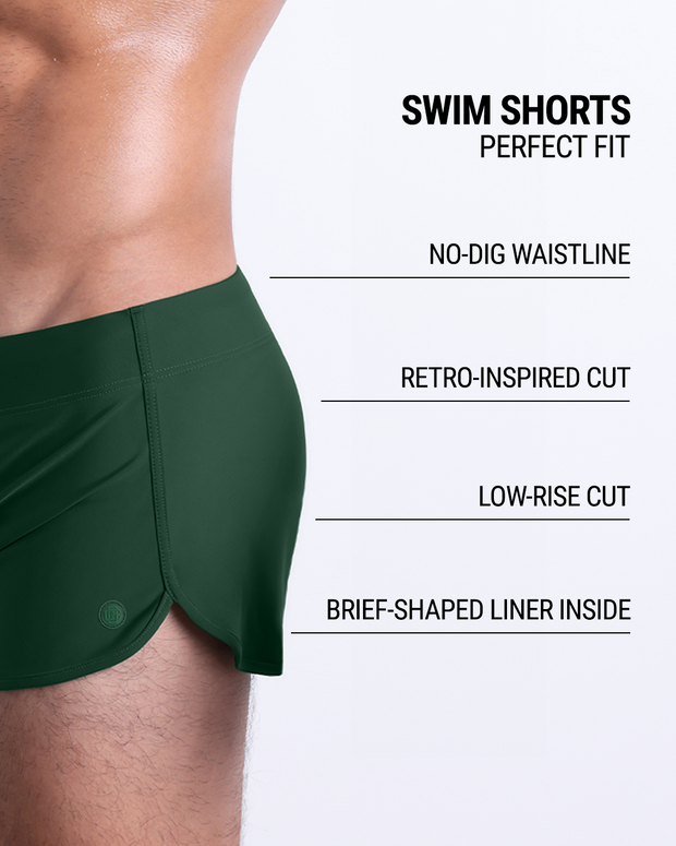 These infographics illustrate the features of the new DC2 Swim Shorts in PALM GREEN. They have a retro-inspired cut, a low-rise design, and a brief-shaped liner inside, while the no-dig waistline ensures maximum comfort.
