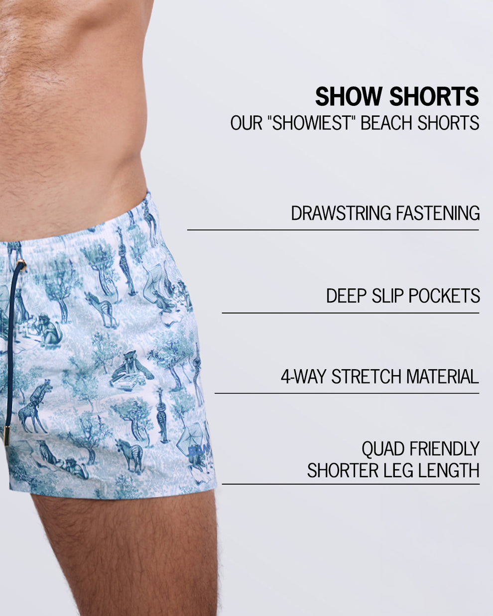 Detailed close-up of the Party Animals Show Shorts by BANG! Miami, highlighting key features: an elastic waistband with an adjustable drawstring, deep slip pockets, four-way stretch fabric for unrestricted movement, and a quad-friendly short leg length designed for a sleek, stylish beachwear statement.