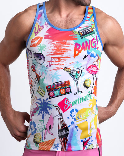 Front view of model wearing the PEOPLE FROM IBIZA men’s cotton beach tank top in white with colorful Miami pop art by the Bang! Clothes brand of men's beachwear from Miami.