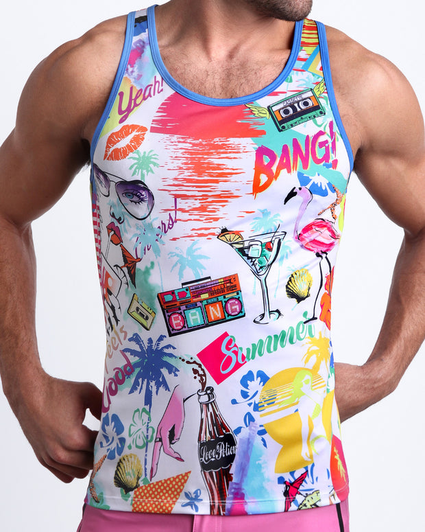 Front view of model wearing the PEOPLE FROM IBIZA men’s cotton beach tank top in white with colorful Miami pop art by the Bang! Clothes brand of men&
