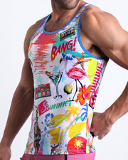 Side view of men’s casual soft cotton tank top in PEOPLE FROM IBIZA featuring a colorful Miami inspired artwork made by Miami based Bang brand of men's beachwear.