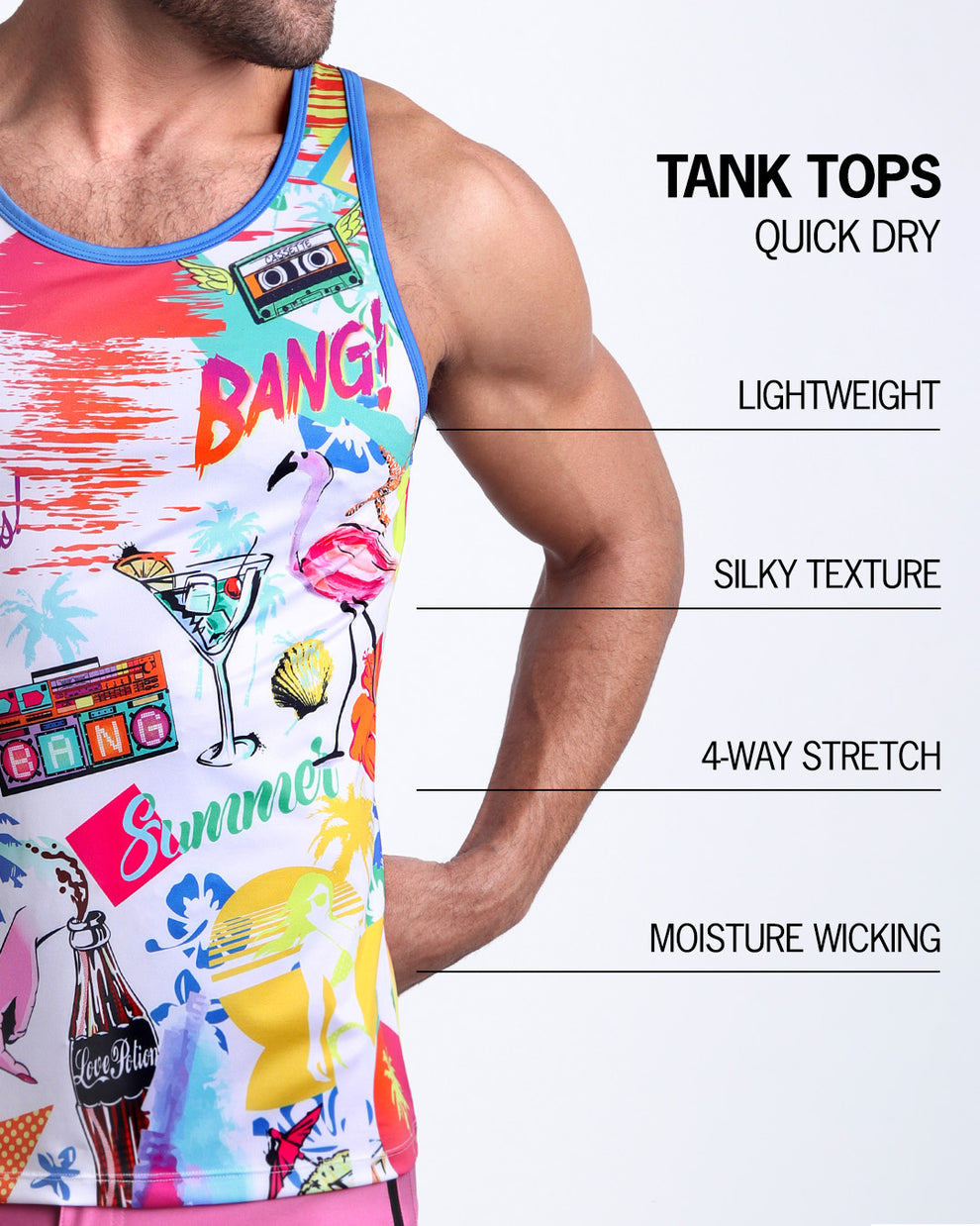 An infographic explaining the features of the lightweight, silky texture, 4-way stretch, and moisture-wicking material of the BANG! fitness tank top.